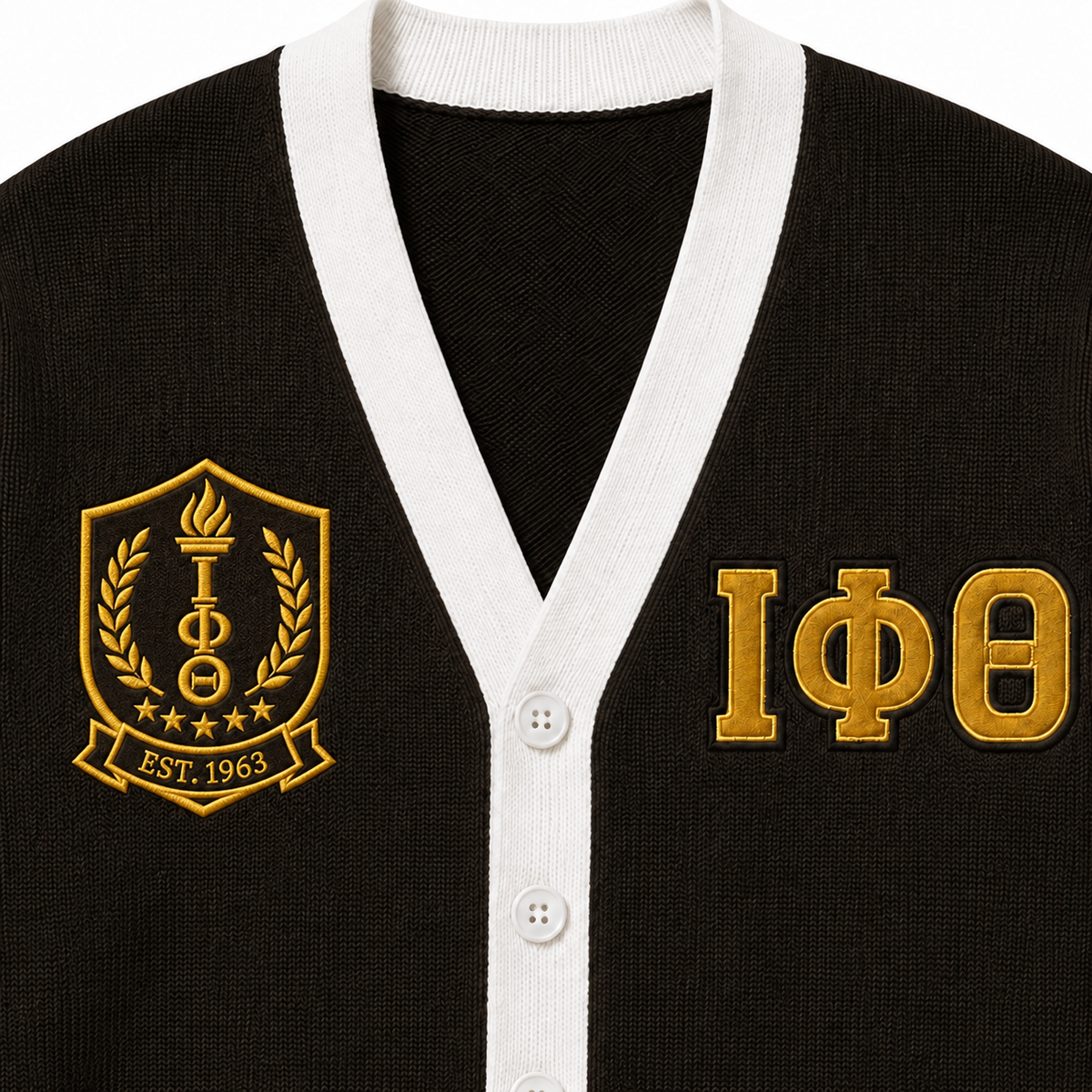 Close-up brown V-neck cardigan with white button placket, white buttons, gold ΙΦΘ letters and ornate shield 
