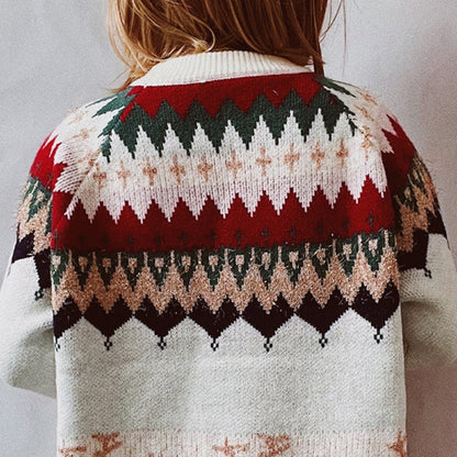 Back view of a custom knit Fair Isle cashmere sweater featuring a colorful pattern with red, green, and beige geometric designs, highlighting the intricate craftsmanship and luxurious material.