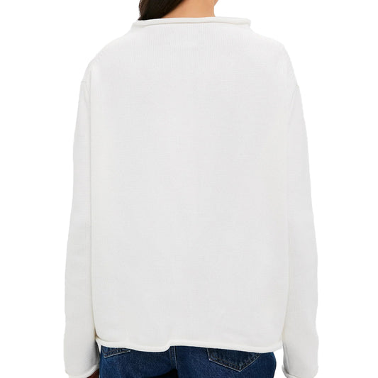 Back view of a white relaxed long-sleeve crew-neck sweater with rolled neckline and hem.