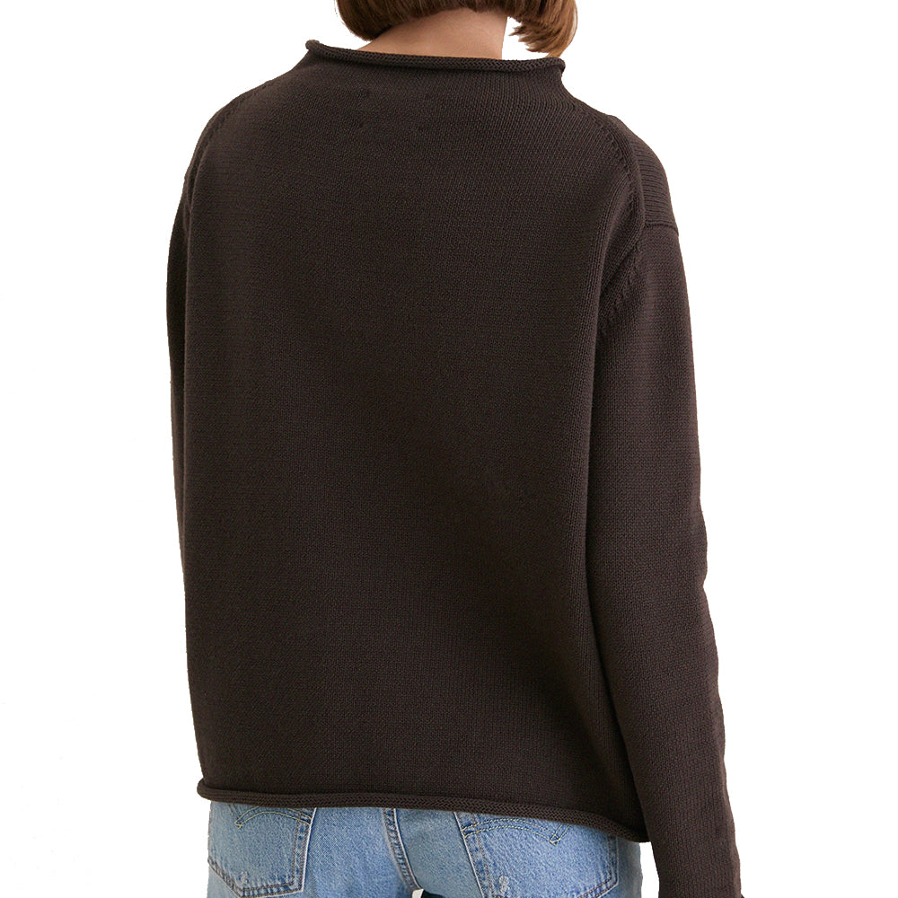 Back view of a dark brown relaxed long-sleeve knit sweater with a rolled neckline and hem.