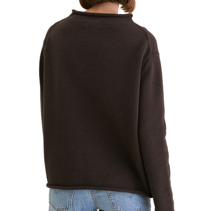 Back view of a dark brown relaxed long-sleeve knit sweater with a rolled neckline and hem.