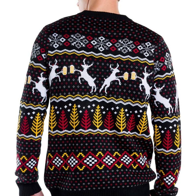 Back view of a person wearing a custom Fair Isle Christmas sweater with a Deer with Beer design, showcasing traditional festive patterns in black, red, yellow, and white.