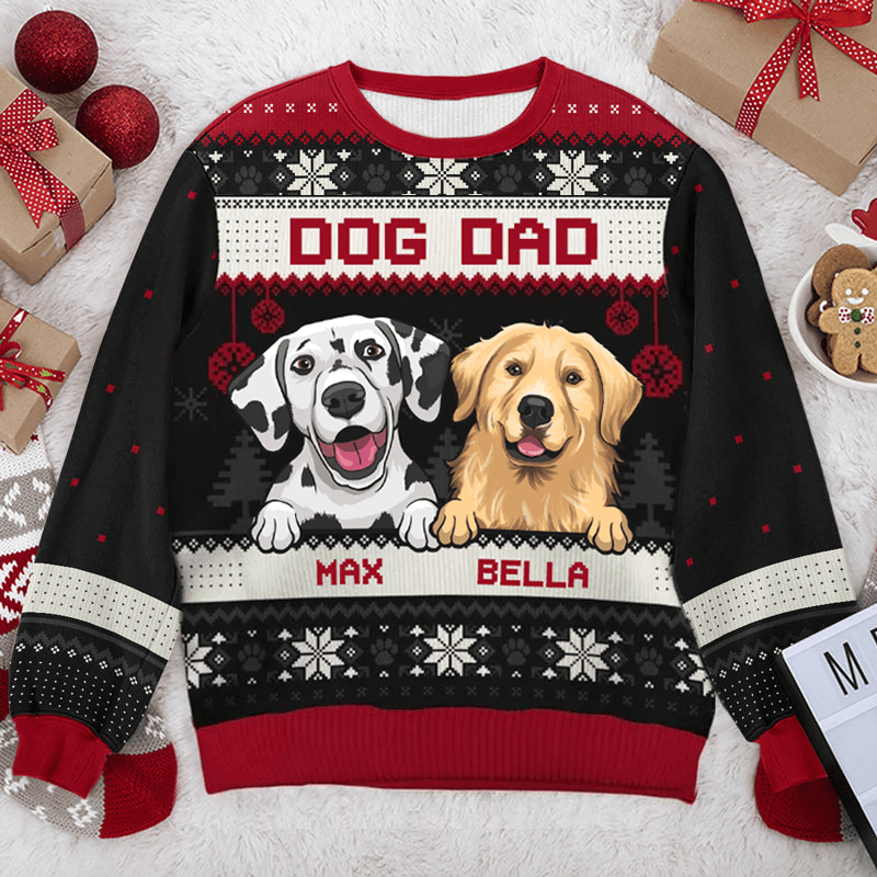 A custom cute dog jacquard sweater with the text "Dog Dad" featuring illustrations of two dogs, Max and Bella, surrounded by festive holiday decorations, including gift boxes and ornaments.