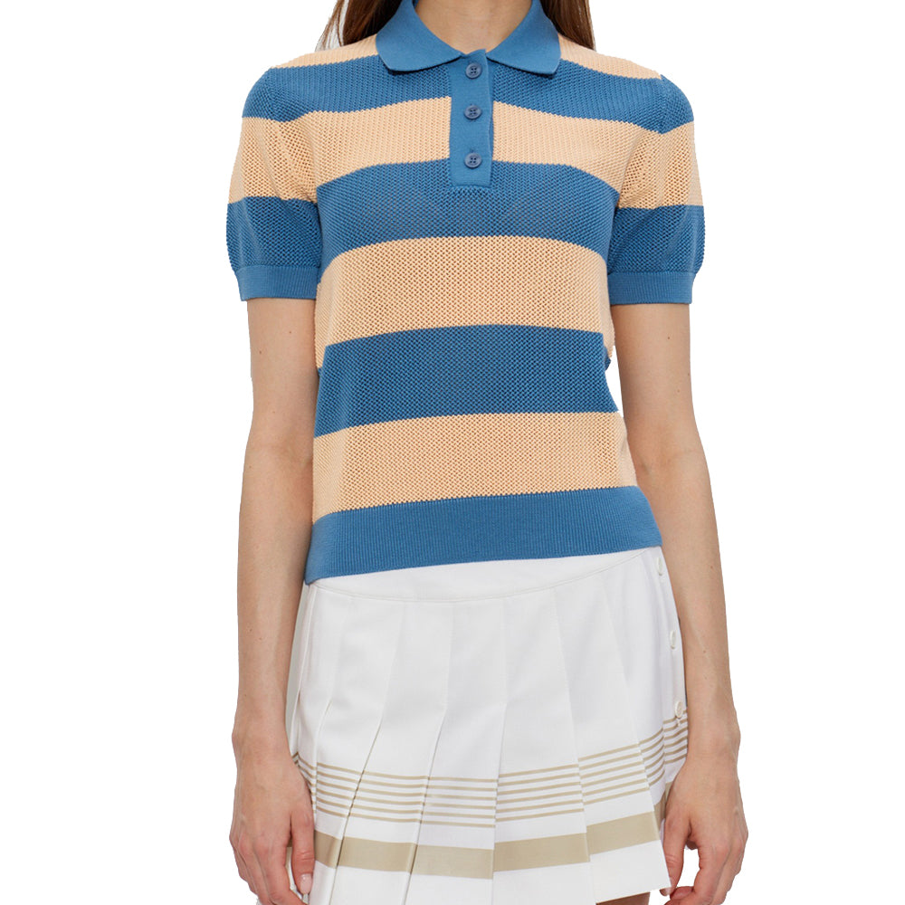 Front view of blue and beige horizontal striped short sleeve knit polo sweater with button placket and collar.