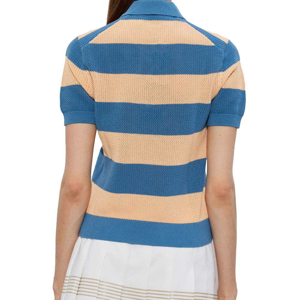 Back view of blue and beige striped short sleeve knit polo sweater with ribbed hem and collar detail.
