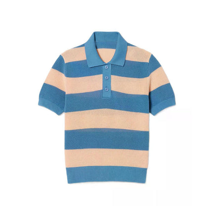 Blue and beige striped short sleeve knit polo sweater displayed on a flat background with polo collar design.