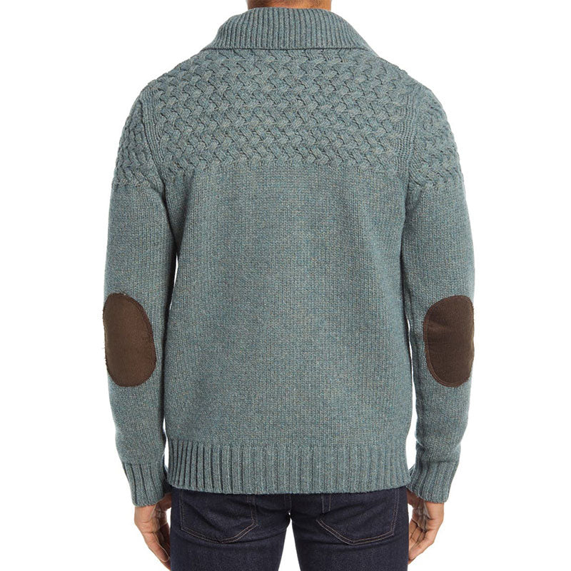 Back view of a custom wool blend cardigan with brown elbow patches and a textured knit pattern on the upper back, showcasing the full design.