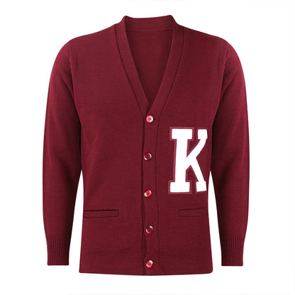 Custom maroon Greek embroidery varsity cardigan with a large white letter K on the chest. Ideal for fraternities and sororities available for bulk orders