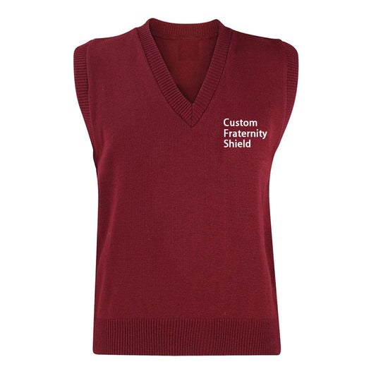 Custom maroon v-neck sleeveless fraternity sweater with Greek shield embroidery on the chest. Ideal for Greek organizations manufactured for bulk orders.