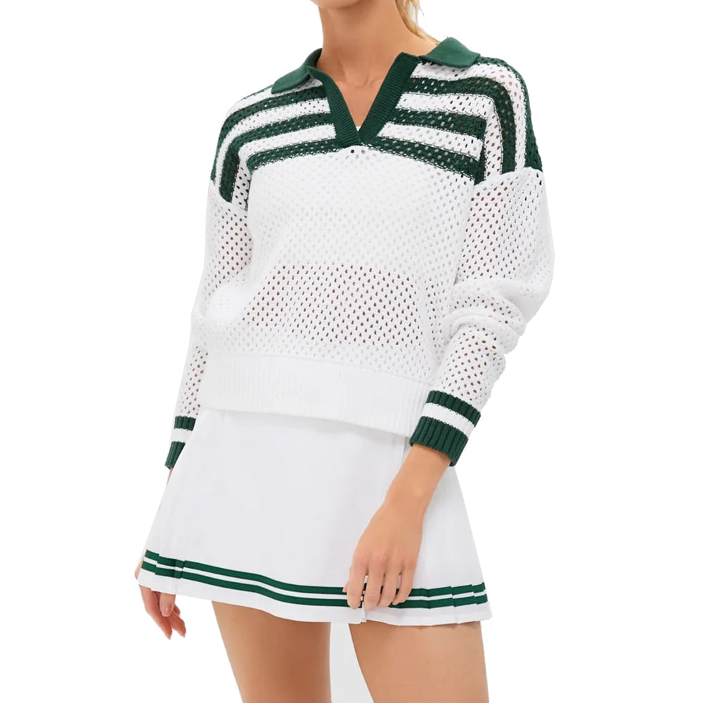 Angled view of white openwork polo sweater with dark green contrast details and cropped silhouette.