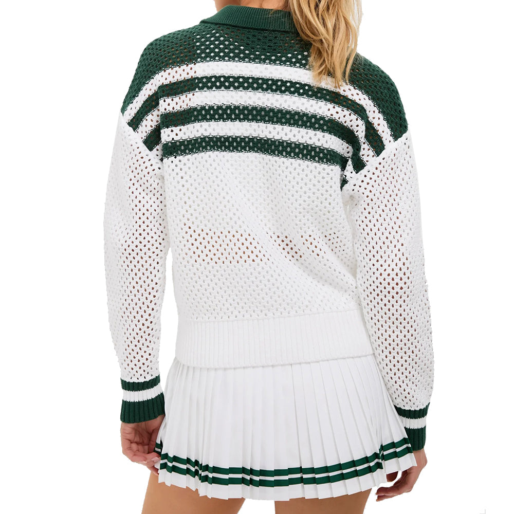 Back view of white openwork knit polo sweater with dark green striped upper back and ribbed hem.