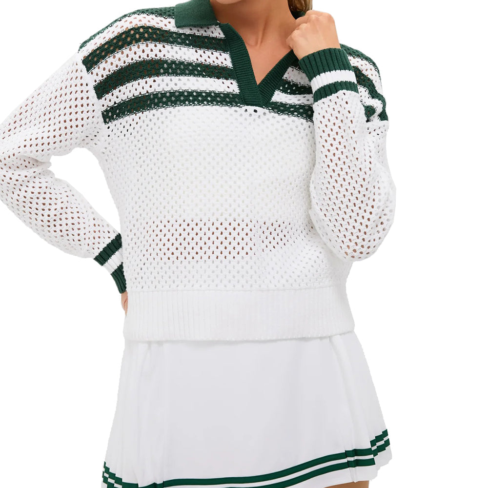 Close front view of white mesh knit polo sweater showing green striped yoke and ribbed cuffs.
