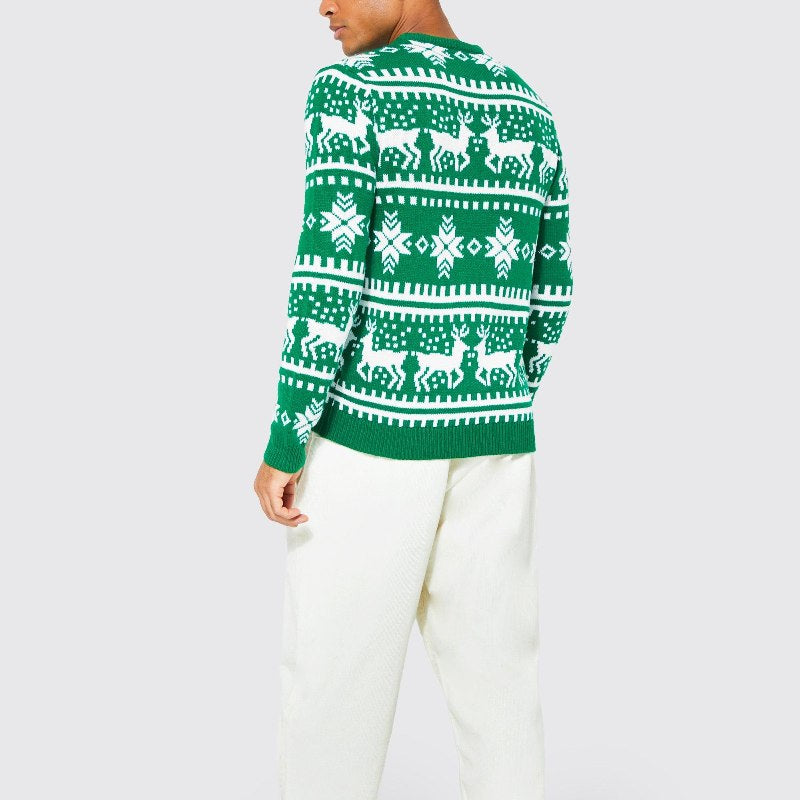 Wholesale Green Reindeer Fairisle Christmas Jumper for Brand Customization