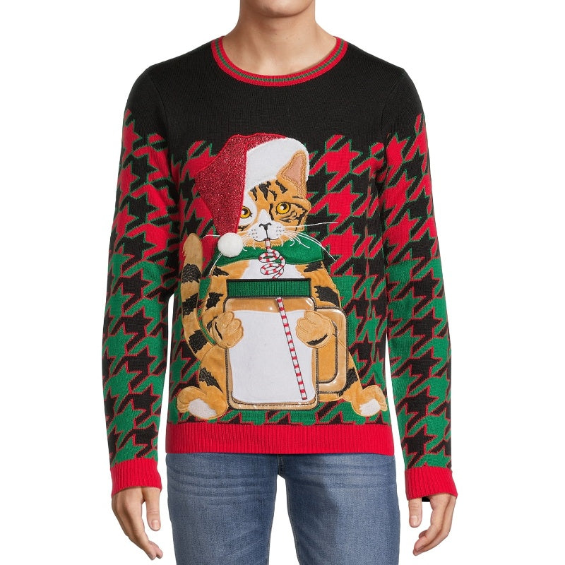 Front view of a person wearing a custom pet cat knit sweater with a festive Christmas design featuring a cat in a Santa hat sipping a milkshake.