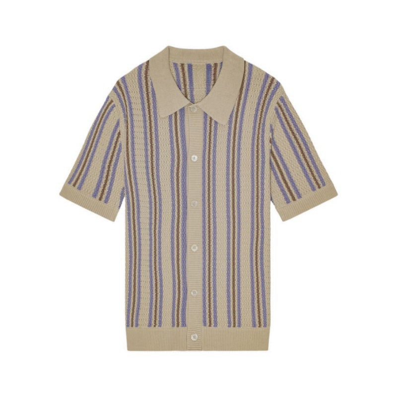 Custom Linen Knit Polo in beige with blue stripes, short sleeves - Men's OEM/ODM Knitwear front view