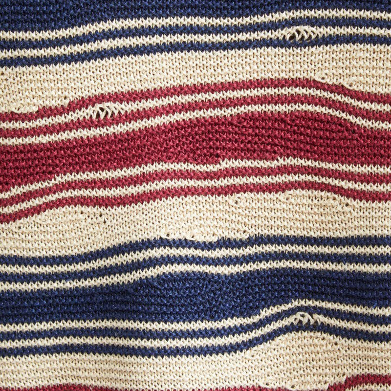 Close-up view of the texture of a multi-color stripe knit sweater, showing red, navy, and cream stripes.