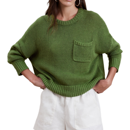 Model Standing in Custom Wholesale Linen Cotton Blend Women's Solid Knit Pullover Sweater with Ribbed Cuff and Hem (Front View)