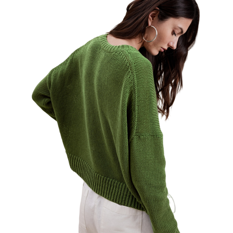 Back View of Model Wearing Custom Wholesale Linen Cotton Blend Women's Solid Knit Pullover Sweater with Ribbed Cuff and Hem