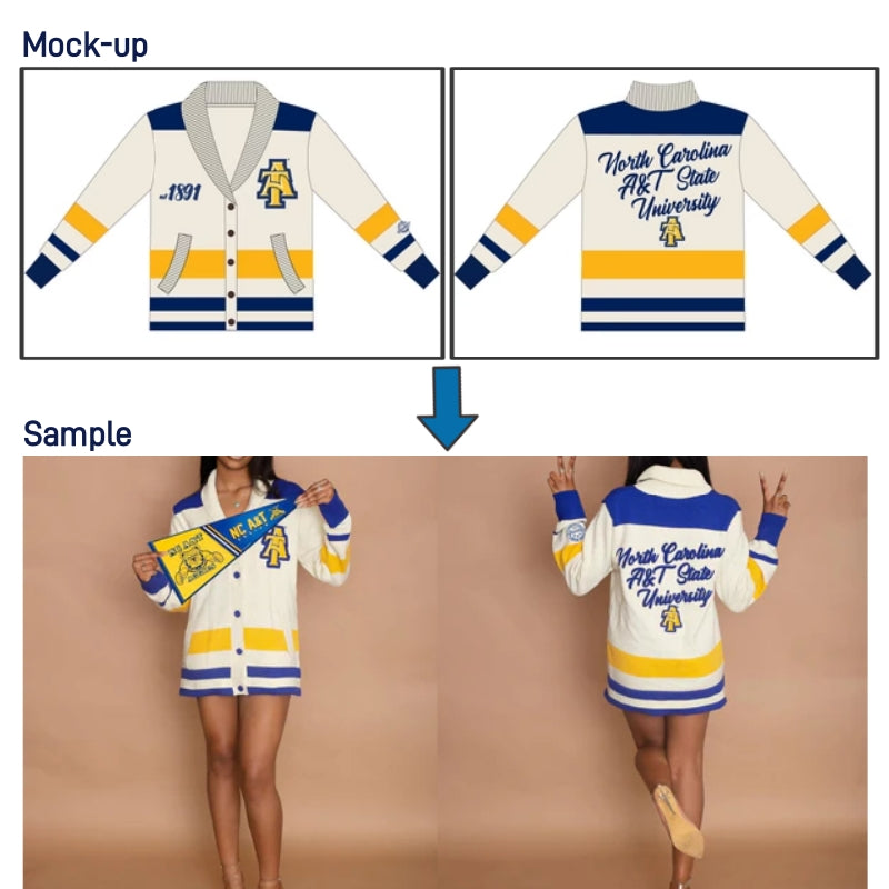 Custom organization letter cardigan design: from mock-up to sample showcase.