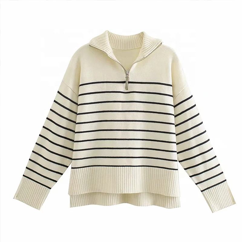 2023  knitwear manufacturer custom white striped long sleeves knit jumpers woman sweater