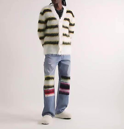 Mohair Fuzzy Striped Men's Cardigan | Custom Knitwear