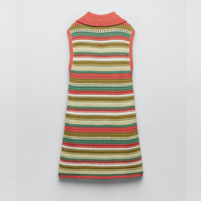 Summer Knitted Rib Sweater Dresses Front Patch Pockets Sleeveless Mini Striped Knit Dress With Lapel Collar