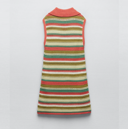 Summer Knitted Rib Sweater Dresses Front Patch Pockets Sleeveless Mini Striped Knit Dress With Lapel Collar