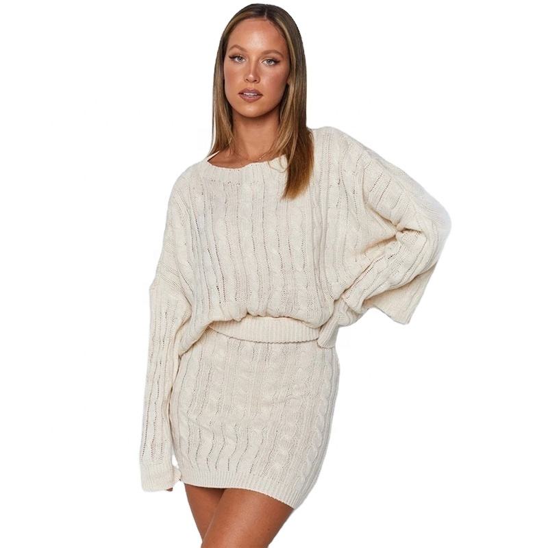 Casual 2 Piece Custom Knit Loose Crew Neck Blouse Pullover Comfy Pajama Dress Fuzzy Women Ladies Cable Sweater Set
