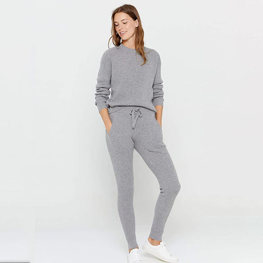 Casual Custom Women Knit Ribbed Sleepwear Cozy 2 Piece Loungewear Set Sweater Pajamas