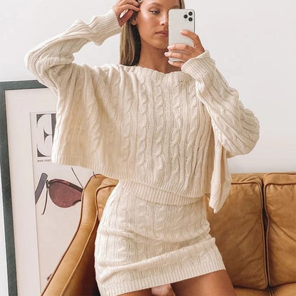 Casual 2 Piece Custom Knit Loose Crew Neck Blouse Pullover Comfy Pajama Dress Fuzzy Women Ladies Cable Sweater Set