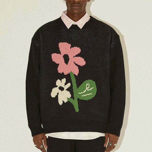 High quality custom make male jacquard sweater fashion black color O neck flower logo pullover long sleeve winter knitwear
