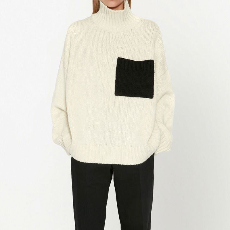 custom patch-pocket turtleneck sweater men knit jumper long sleeve oversized knitwear luxury wool sweater unisex