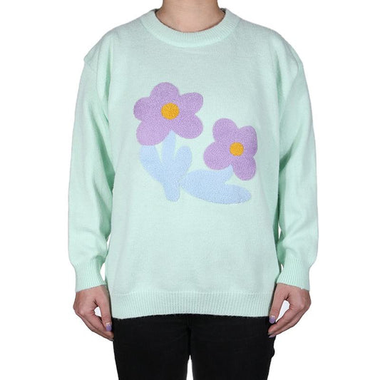 Custom OEM & ODM women sweater Long Sleeve Jacquard knitwear flower logo light green