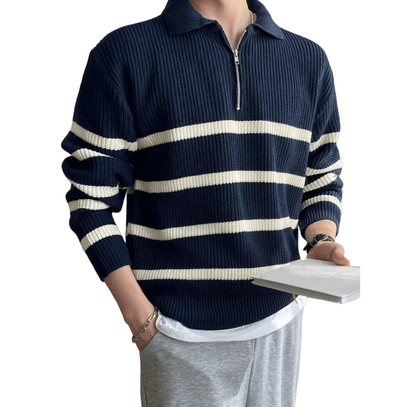 Cotton Polo Sweater with Stripes and Zipper | Knitwear Manufacturer