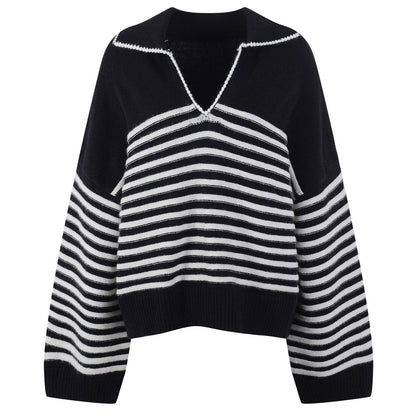 2023 Spring New Custom POIO Collar Stripe Design Long Sleeve Casual Loose Knit Top Pullover Plus Size Women Sweater