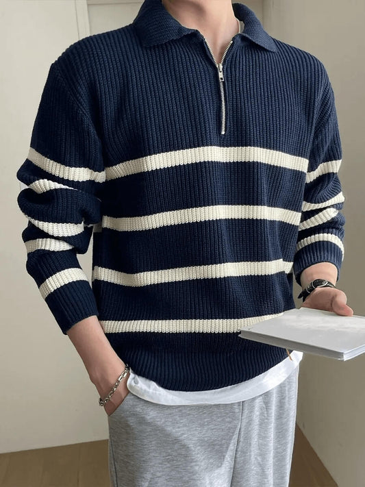 Cotton Polo Sweater with Stripes and Zipper | Knitwear Manufacturer