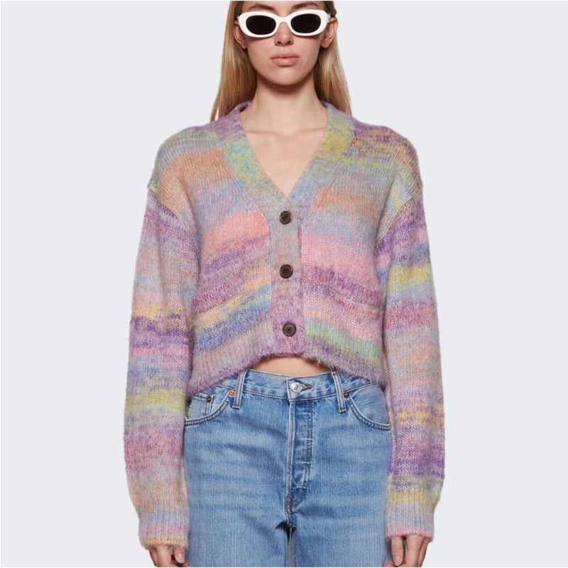 Custom Mohair Gradient Color Cardigan Short Bottom Women’s Knitted Sweater - Front View