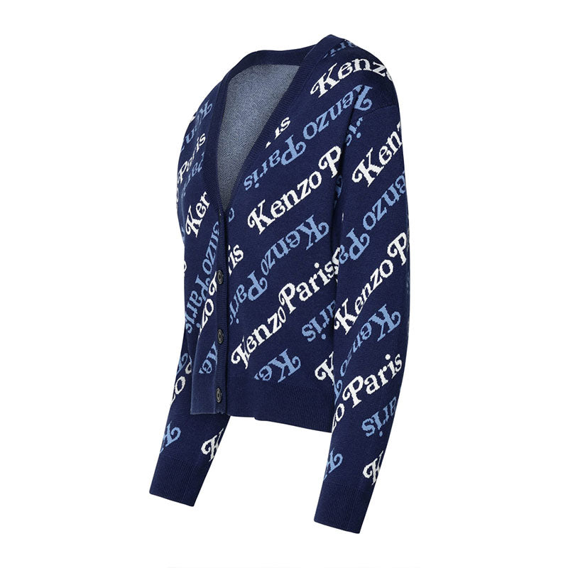 Side View of Custom Wholesale 100% Cotton Women's Knit Cardigan Sweater with V-neck and Letter Pattern