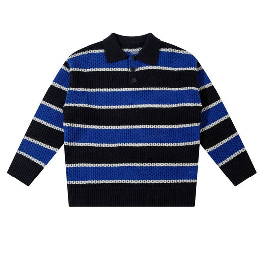 Wholesale Custom 100%Cotton Crochet Striped Man Knit Sweater Polo Neck High-Quality Open Honeycomb Knit Button Design