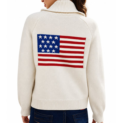 Cream American flag button-up cardigan with V-neckline and long sleeves