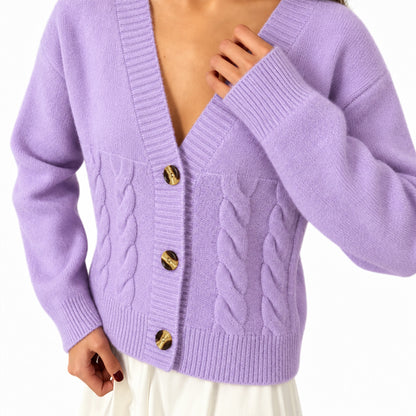 Close-up of V-neck cable knit cardigan details