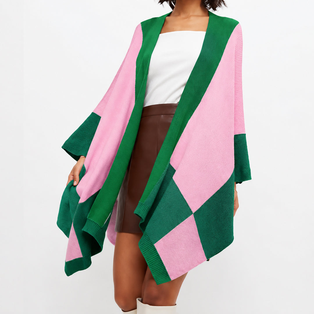 Green color block poncho cardigan with pink trim