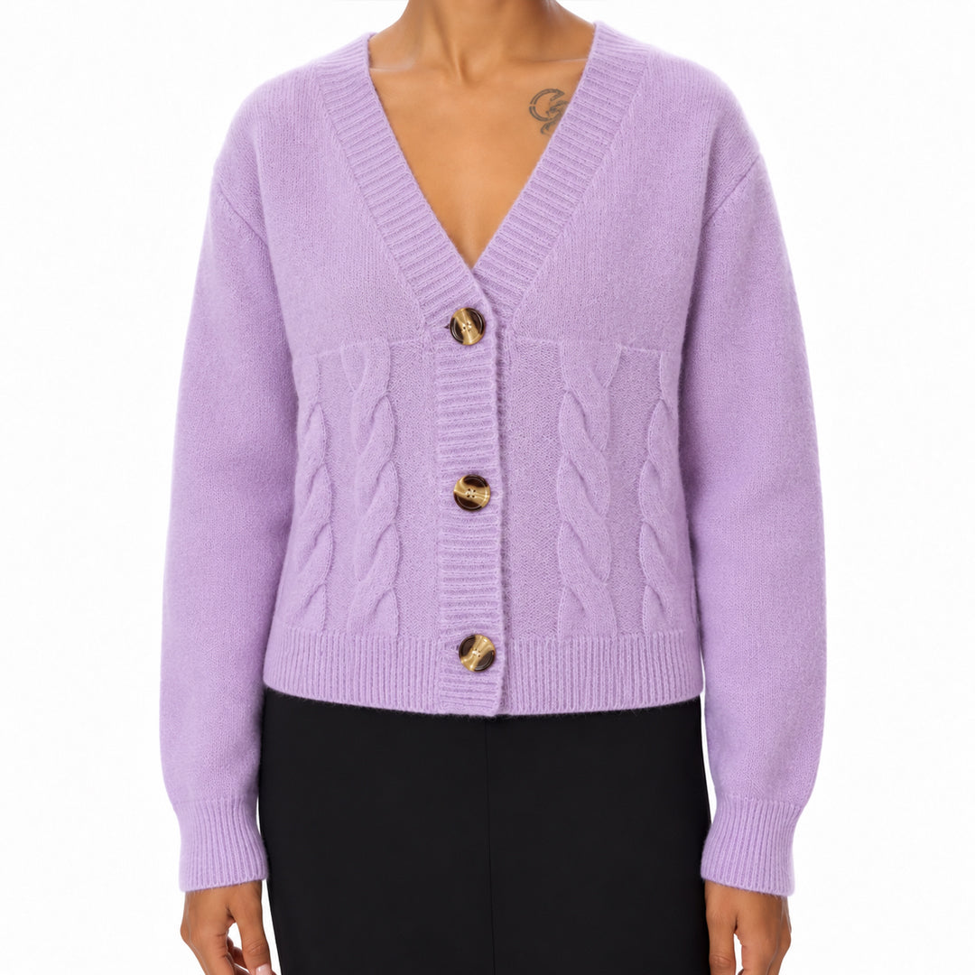 Front view of women's lilac button-front cardigan