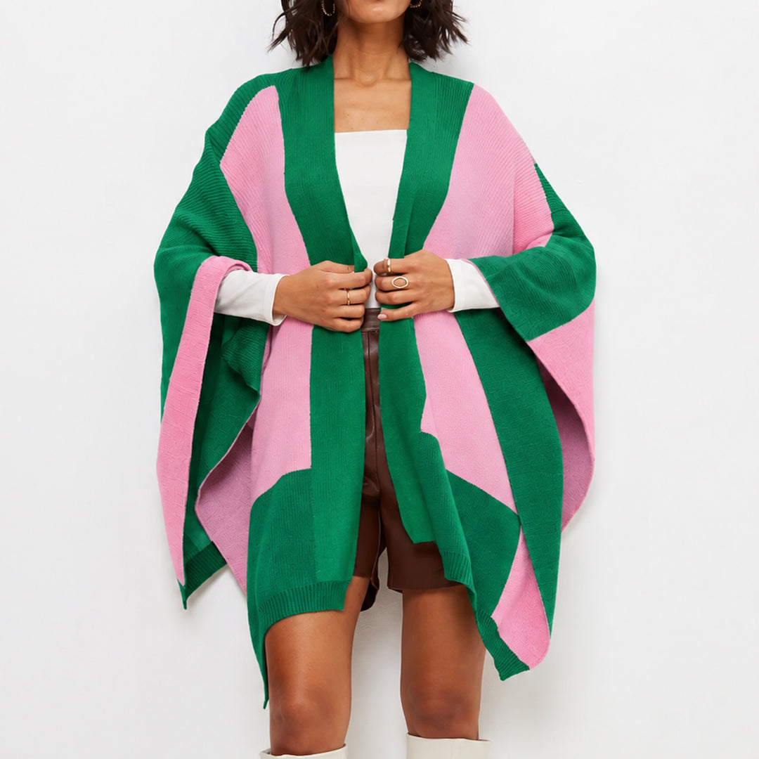 Front view of green and pink poncho cardigan