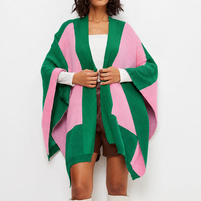 Front view of green and pink poncho cardigan
