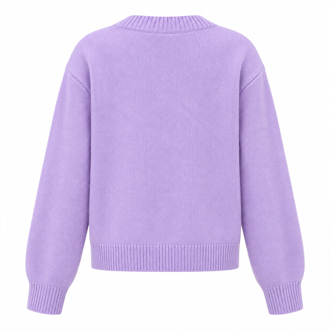 Back view of women's lilac knit cardigan