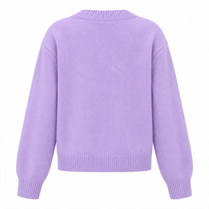 Back view of women's lilac knit cardigan