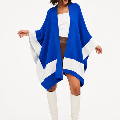 Blue open-front poncho cardigan with contrast trim