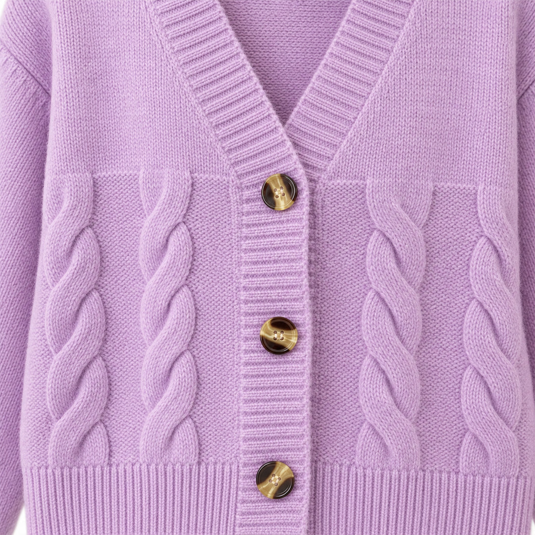 Cable knit texture and buttons on a women's cardigan