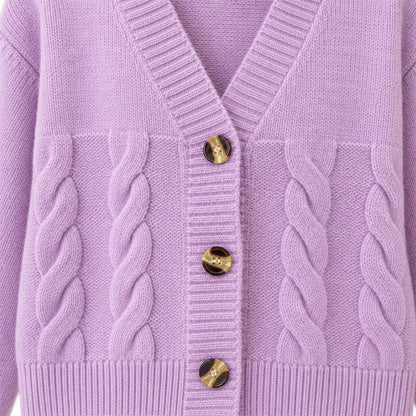 Cable knit texture and buttons on a women's cardigan